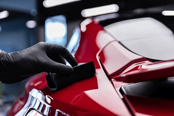 Ceramic coating being applied to a vehicle, water beading on the glossy paint